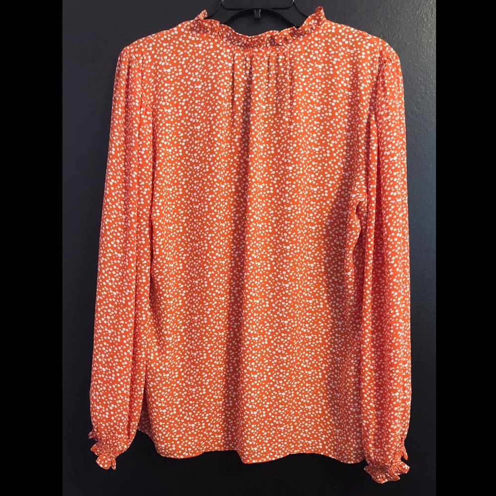 Ann Taylor Orange White Polka Dot Ruffle Neck Blouse - Picture 2 of 4